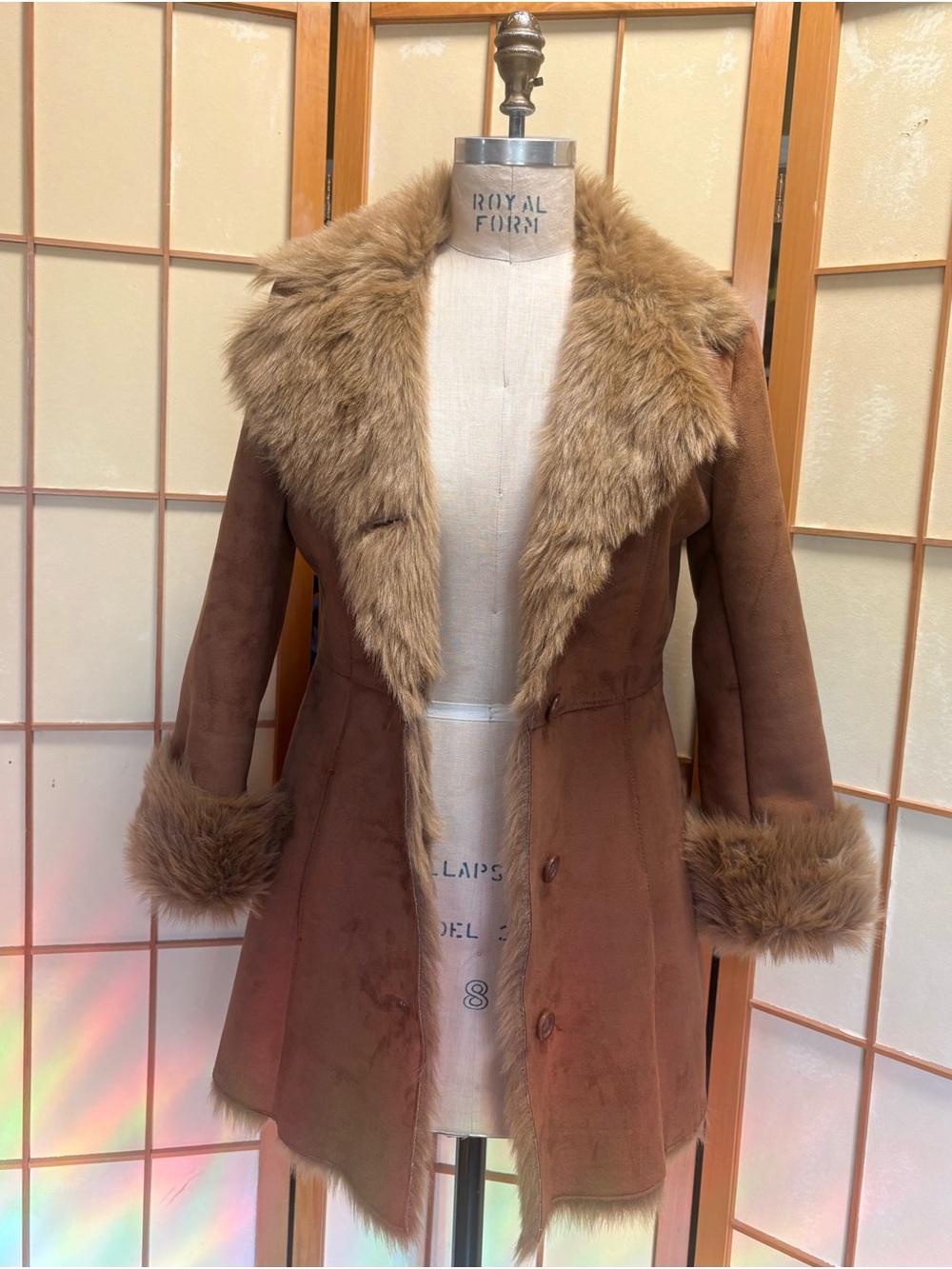 Mixit Faux Suede Fur Trim Penny Lane Afghan Coat Y2K Boho Shearling Sz Small